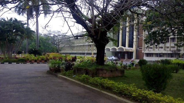 Main block of the college seen from front left.