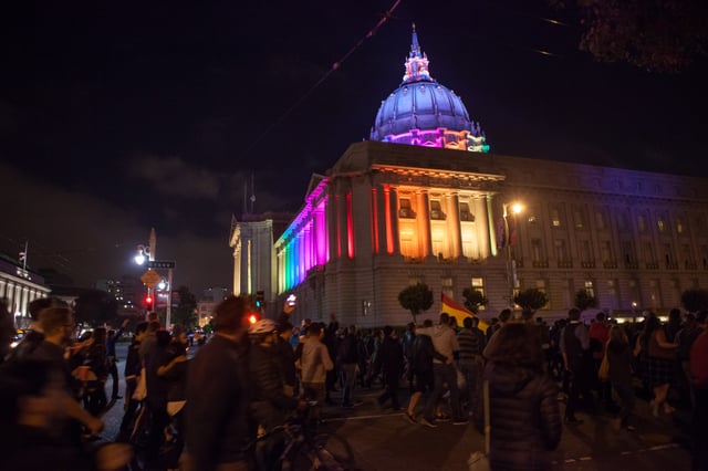 San Francisco City Hall lit in LGBT rainbow flag in honor to the victims of the shooting