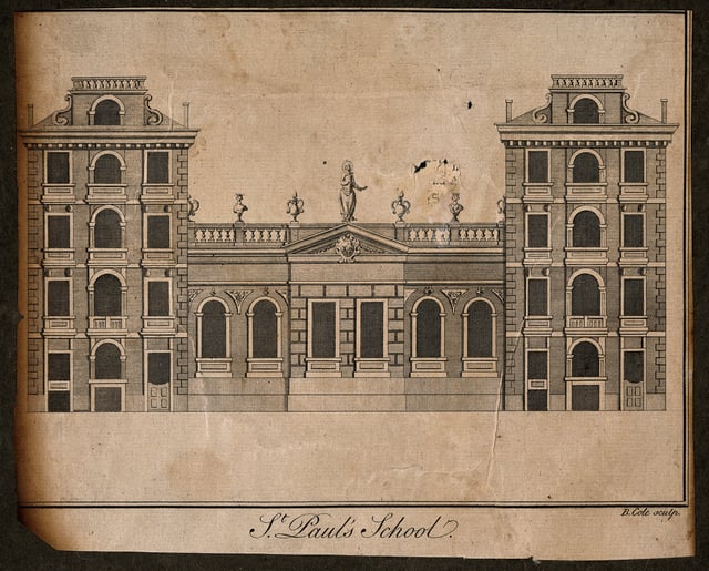 St Paul's School, London; the facade. Engraving by B. Cole