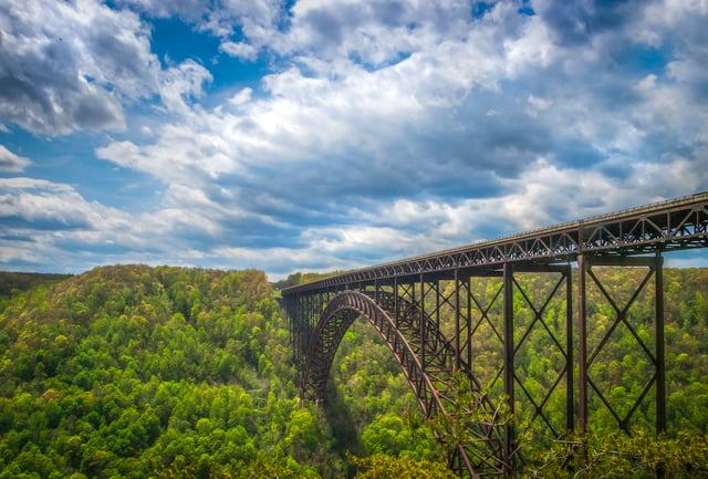 View of the iconic New River Gorge Bridge from the overlook at the north end of the New River Gorge (facing southwards), near Fayetteville
