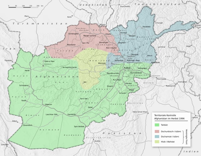 Map showing political control in Afghanistan in late 1996, following the capture of Kabul by the Taliban