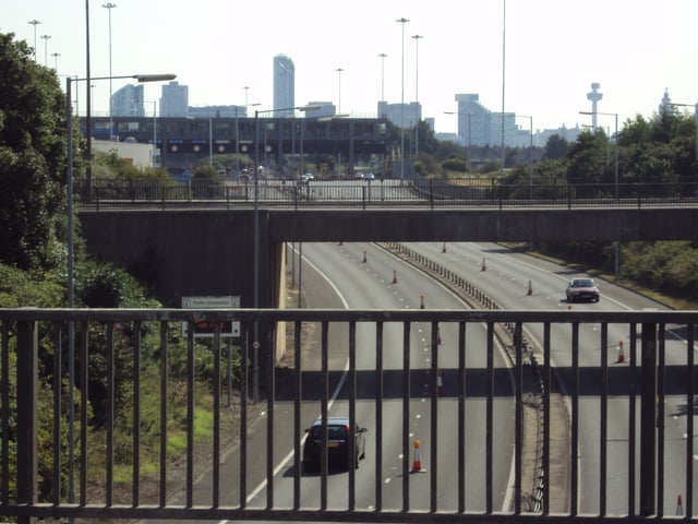 The Wallasey entrance to the Kingsway Tunnel. Liverpool's skyline is visible in the background