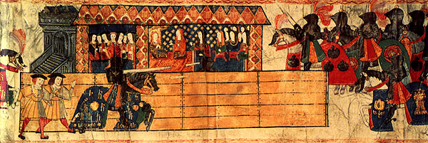 Catherine watching Henry jousting in her honour after giving birth to a son. Henry's horse mantle is emblazoned with Catherine's initial letter, 'K.'