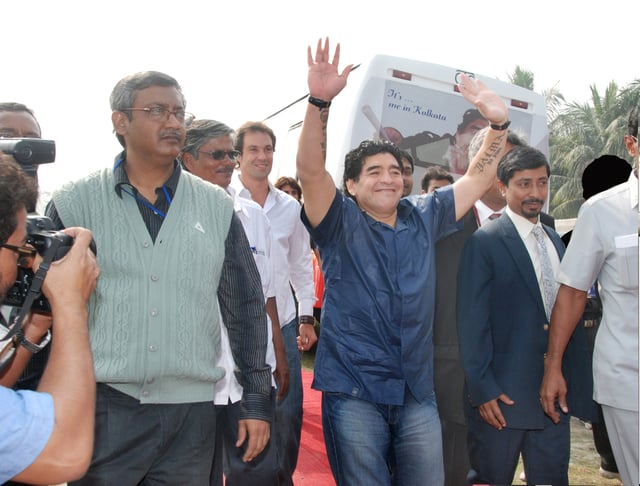 Maradona in Kolkata, India, in December 2008. Maradona laid the foundation stone for a football academy in the eastern suburbs of the city, and was greeted by over 100,000 fans in Salt Lake Stadium.
