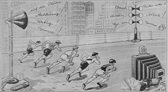A cartoon from the 1936 Olympics imagines the year 2000 when spectators will have been replaced by television and radio, their cheers coming from loudspeakers.
