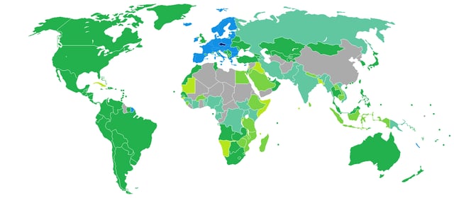 Visa-free entry countries for Czech citizens in green, EU in blue (see citizenship of the European Union)