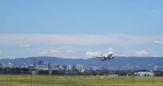 A Qantas plane leaving Adelaide Airport.