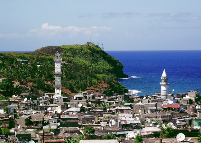 A view of a coastal town in Anjouan including mosque