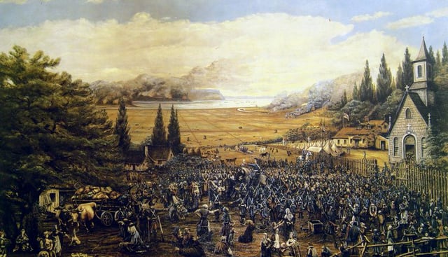 Expulsion of the Acadians in Grand-Pré. More than 80 per cent of the Acadian population was expelled from the region between 1755 and 1764.
