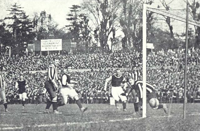 Harry Hampton scores one of his two goals in the 1905 FA Cup Final where Aston Villa defeated Newcastle United