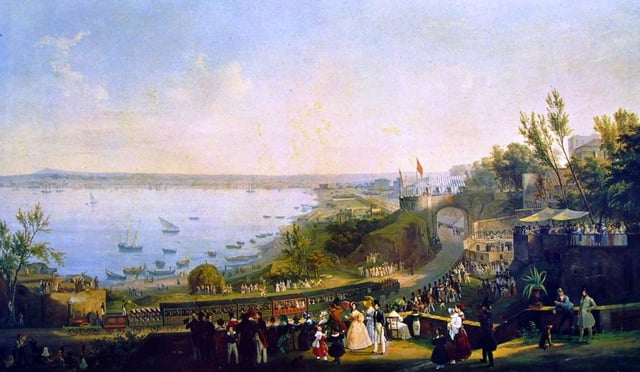 A Romantic painting by Salvatore Fergola showing the 1839 inauguration of the Naples-Portici railway line