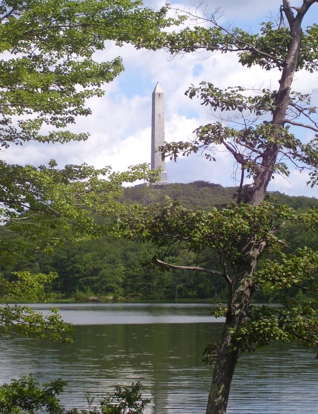 High Point Monument as seen from Lake Marcia at High Point, Sussex County, the highest elevation in New Jersey, at 1803 feet above sea level.