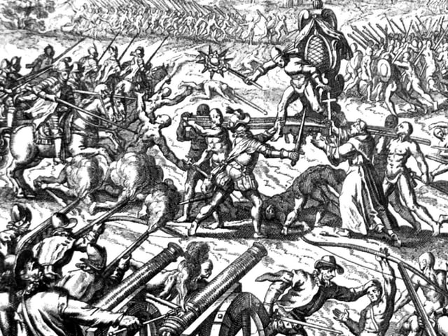 The Inca–Spanish confrontation in the Battle of Cajamarca left thousands of natives dead.