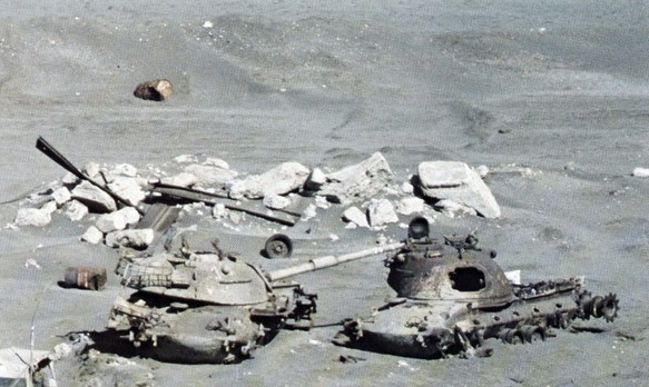 Destroyed Israeli M48 Patton tanks on the banks of the Suez Canal