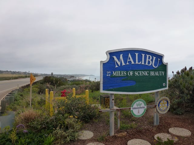 Sign of historical Malibu coast of 27 miles (43 km) from Point Mugu east to Tuna Canyon
