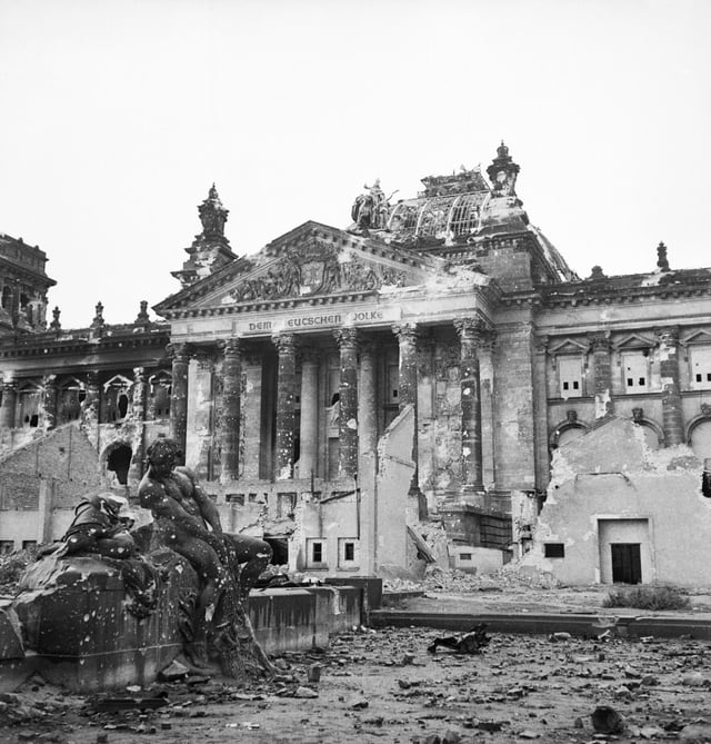 The German Reichstag after its capture by the Allied forces, 3 June 1945.