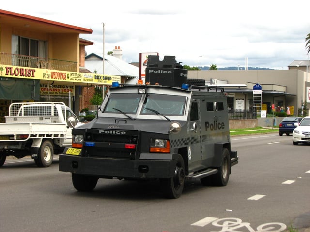New South Wales Police Force Tactical Operations Unit Lenco BearCat armoured rescue vehicle.