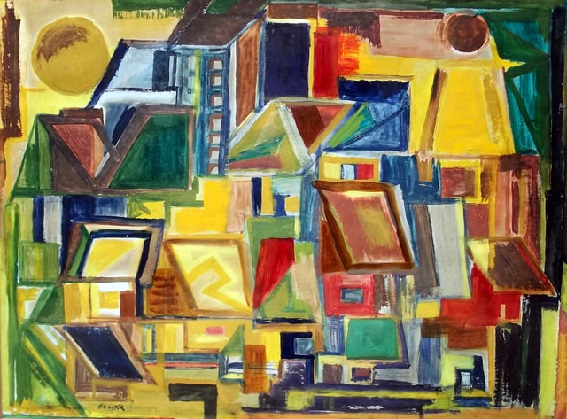 Housing Scheme or Maligawatte Flats, mixed media,18x24 inch, 1979. The first serious painting by segar.Other than the brushes his fingers played a primary part in  this work. This painting demonstrates his anger and frustration as his house was confiscated by the government.His family was given accommodation in an apartment of 384 square feet in Maligawatte flats in Colombo 10 during 1979