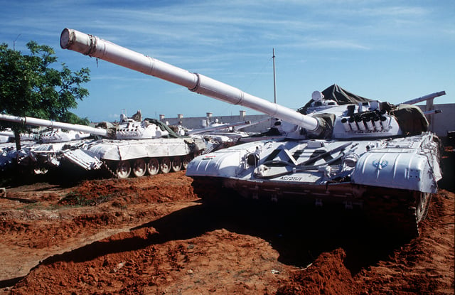 Indian T-72 armored tanks in Somalia, as part of the UN peacekeeping mission.