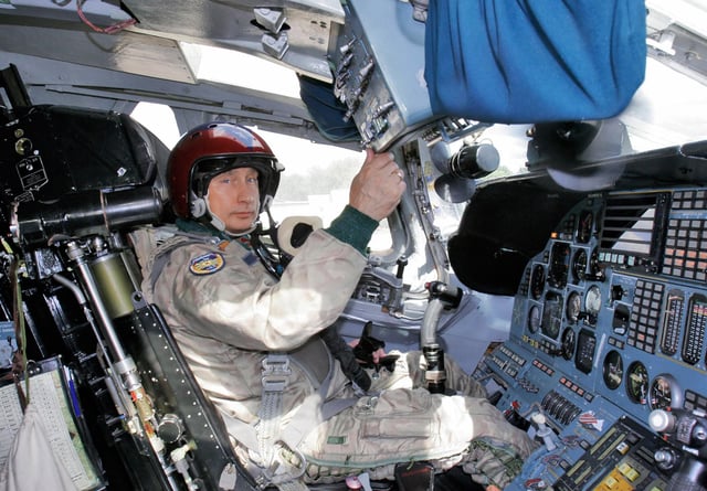 Putin in the cockpit of a Tupolev Tu-160 strategic bomber before the flight, August 2005