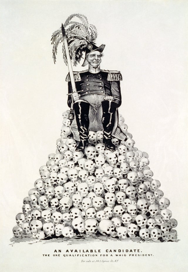 "An Available Candidate: The One Qualification for a Whig President." Political cartoon about the 1848 presidential election, referring to Zachary Taylor or Winfield Scott, the two leading contenders for the Whig Party nomination in the aftermath of the Mexican–American War. Published by Nathaniel Currier in 1848, digitally restored.
