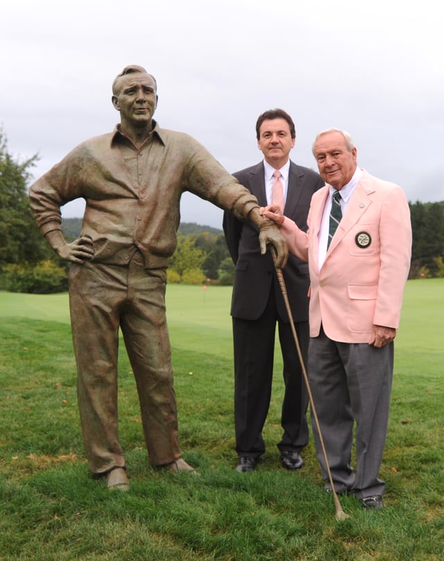 Arnold Palmer statue unveiled at Laurel Valley Golf Course, Ligonier, PA, on September 10, 2009, in honor of Palmer's 80th birthday. Pictured: Arnold Palmer with sculptor Zenos Frudakis.
