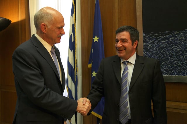 The mayor of Athens Giorgos Kaminis (right) with the ex Prime Minister of Greece, George Papandreou Jr. (left).