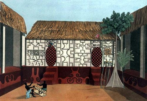 Picture of Ashanti architecture drawn by Thomas Edward Bowdich, with Adinkra symbols on the walls.
