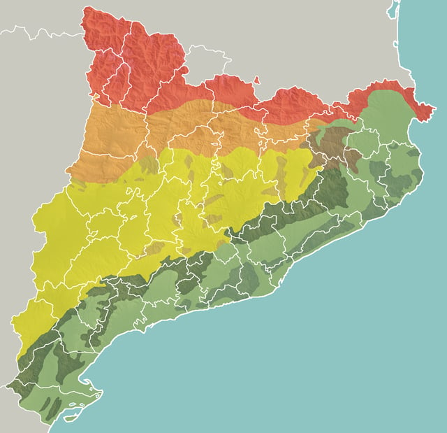 Geomorphologic map of Catalonia:   Pyrenees   Pre-Pyrenees   Catalan Central Depression  Smaller mountain ranges of the Central Depression   Catalan Transversal Range   Catalan Pre-Coastal Range   Catalan Coastal Range   Catalan Coastal Depression and other coastal and pre-coastal plains