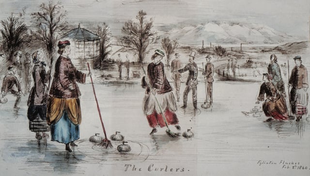 A curling match at Eglinton Castle, Ayrshire, Scotland in 1860. The curling house is located to the left of the picture.