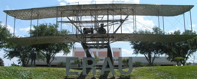 The life-sized Wright Flyer statue is located at the Daytona Beach campus of Embry-Riddle Aeronautical University.