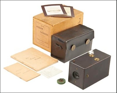 An original Kodak camera, complete with box, camera, case, felt lens plug, manual, memorandum and viewfinder card