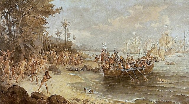Romantic depiction of Cabral's first landing on the Island of the True Cross (present-day Brazil). He can be seen on the shore (center) standing in front of an armored soldier, who is carrying a banner of the Order of Christ.