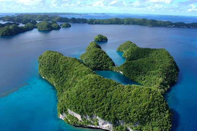 An aerial view of limestone islands.