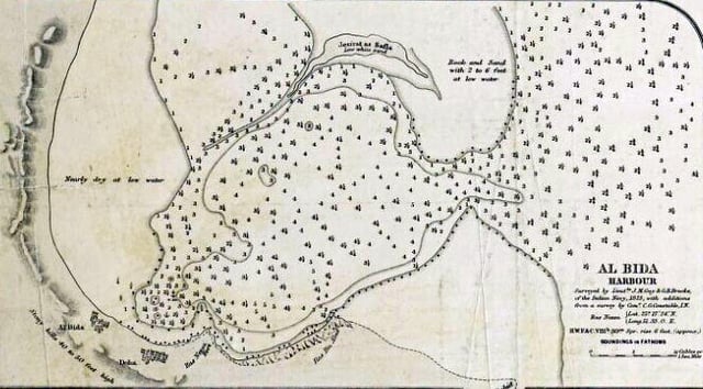 Plan of Al Bidda Harbour drawn in 1860 indicating the principal settlements and landmarks.