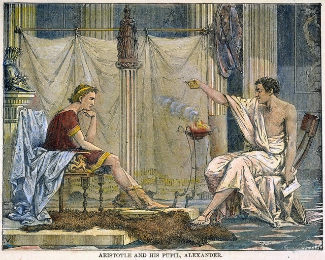 "That most enduring of romantic images, Aristotle tutoring the future conqueror Alexander". Illustration by Charles Laplante, 1866