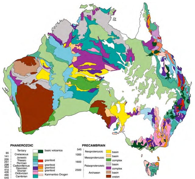 Basic geological regions of Australia, by age