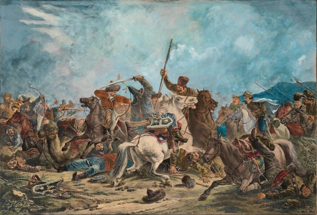 Ural Cossacks skirmish with Kazakhs (the Russians originally called the Kazakhs “Kirgiz”)
