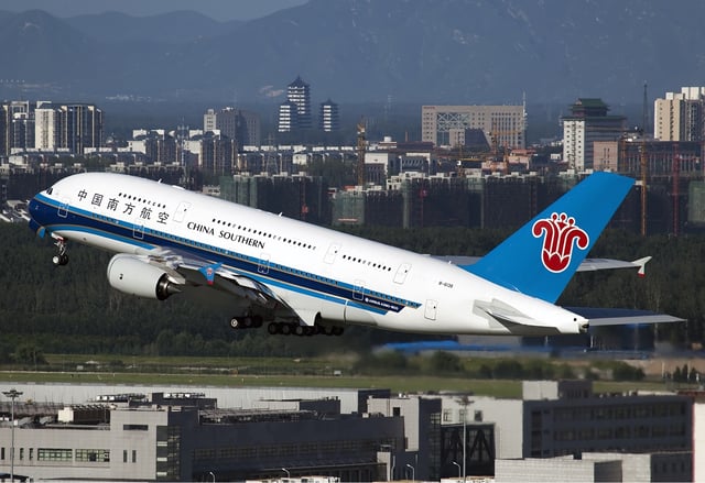 China Southern A380 taking off from Beijing Capital Airport