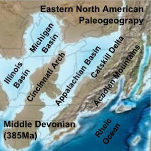 Paleogeographic reconstruction showing the Appalachian Basin area during the Middle Devonian period