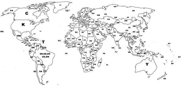 Map of countries classified according to the ICAO airport code prefix. Any correspondence between subnational regions and second letter also indicated. Micronations not labeled individually.