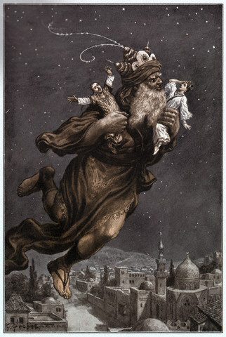 Aladdin flying away with two people, from the Arabian Nights, c. 1900