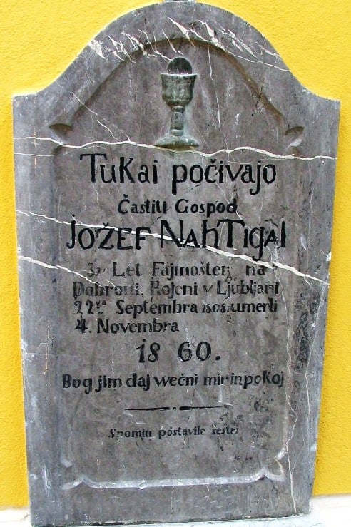 Tombstone of Jožef Nahtigal in Dobrova with archaic Slovene onikanje in indirect reference. Literal translation "Here lie [počivajo] the honorable Jožef Nahtigal ... they were born [rojeni] ...  they died [umerli] ... God grant them [jim] eternal peace and rest."