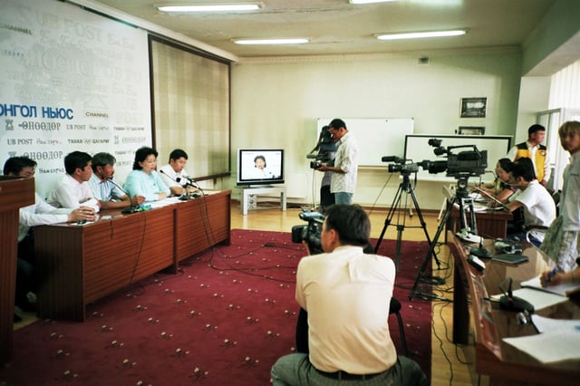 Mongolian media interviewing the opposition Mongolian Green Party. The media has gained significant freedoms since democratic reforms initiated in the 1990s.