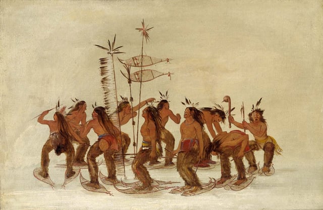 Plains Ojibwe performing a snowshoe dance. By George Catlin