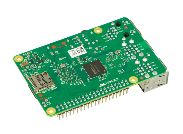 Various operating systems for the Raspberry Pi can be installed on a MicroSD, MiniSD or SD card, depending on the board and available adapters; seen here is the MicroSD slot located on the bottom of a Raspberry Pi 2 board.