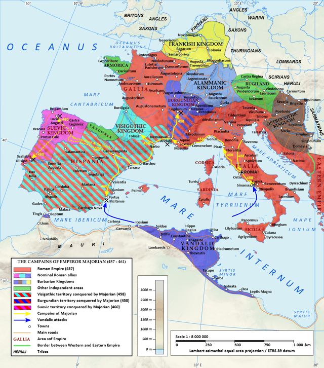 The Western Roman Empire during the reign of Majorian in 460 AD. During his four-year-long reign from 457 to 461, Majorian successfully restored Western Roman authority in Hispania and most of Gaul. Despite his accomplishments, Roman rule in the west would last less than two more decades.