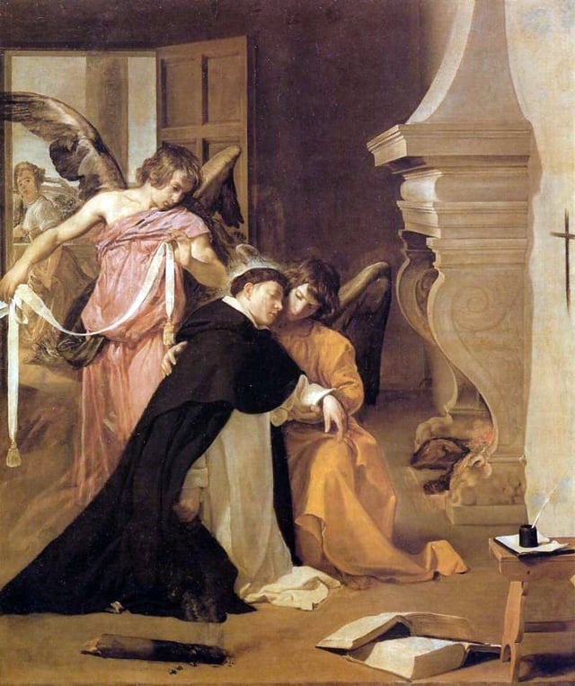 Doctor Angelicus, Saint Thomas Aquinas (1225–1274), considered by the Catholic Church to be its greatest medieval theologian, is girded by angels with a mystical belt of purity after his proof of chastity.