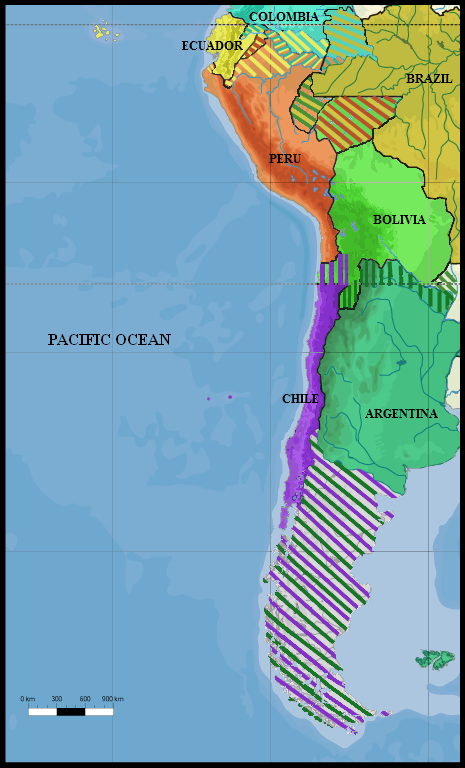 South America (1879): All land claims by Peru, Ecuador, Colombia, Brazil, Argentina, Chile, and Bolivia in 1879