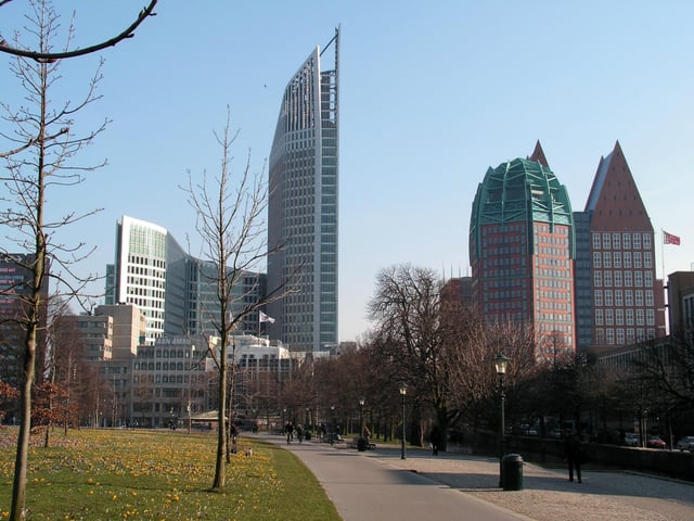 View of the Hoftoren (left) and the Ministry of Health, Welfare and Sport (right)